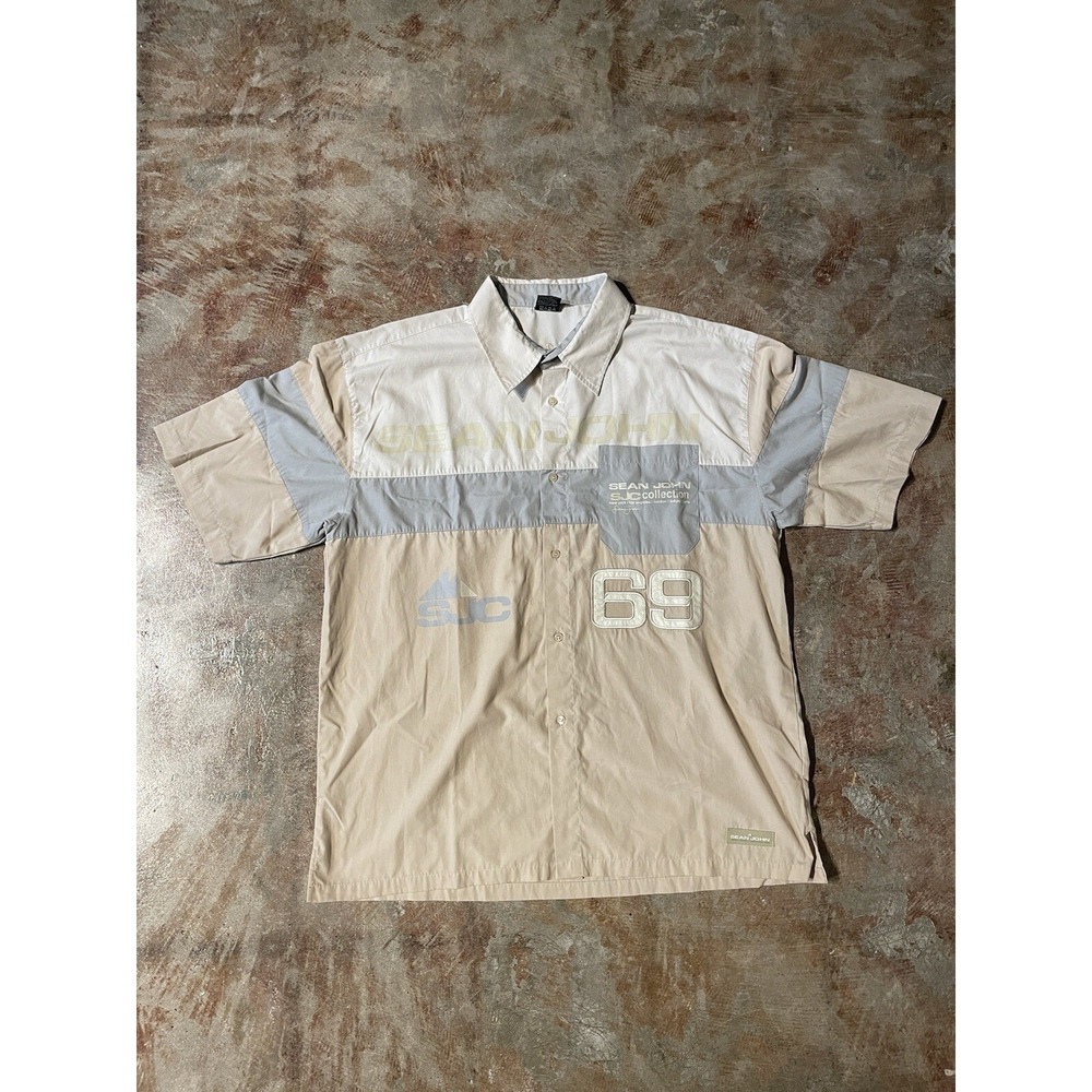 Vintage Sean John 69 Collection Color‎ Block Sleeve Shirt Sz XL Tan/Brown/Gray